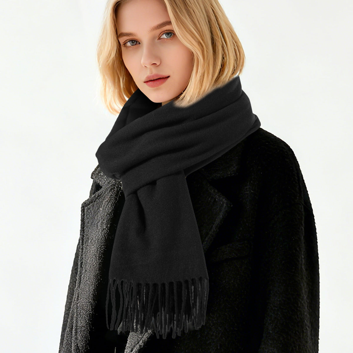 REDESS Women's Scarf,Winter Warm Soft Solid Color Pattern Tassel Shawl Wrap,Black