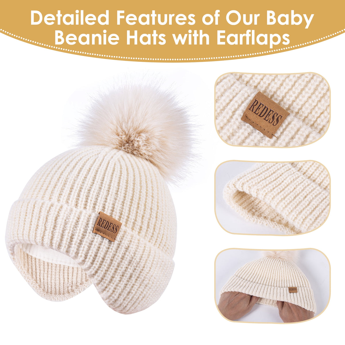 REDESS Toddler Hat with Ear Flaps, Fleece Lined Beanie Hat for Baby 0?3 Years Old, 2?Pack Warm Knit Kids Toddler Winter Hat