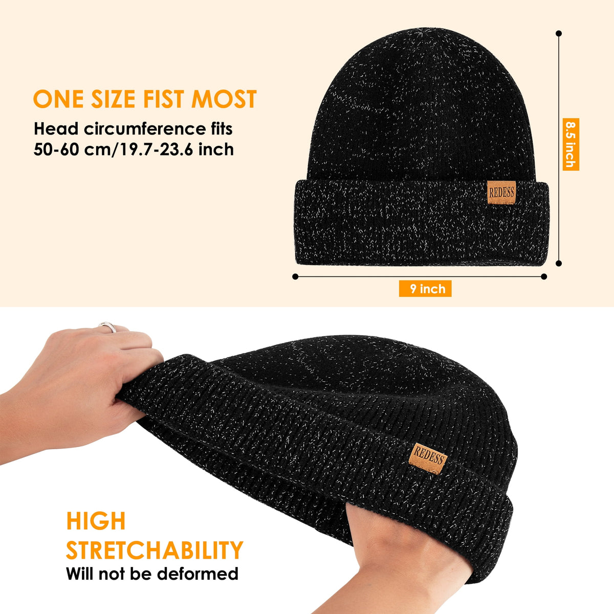 REDESS Beanie Hats for Women and Men Knit Soft Winter Warm Cuffed Hat, Black 2 pack