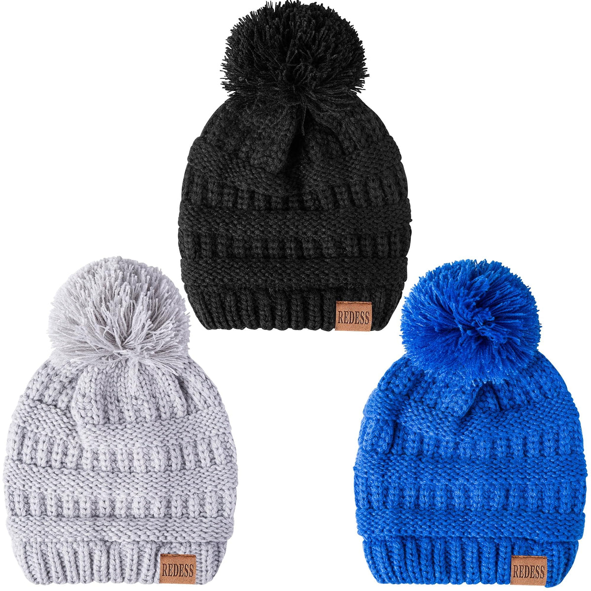 REDESS Baby Kids Winter Warm Beanie Hats, Infant Toddler Children Pom Pom Beanie Knit Cap Girls Boys-3 Pack
