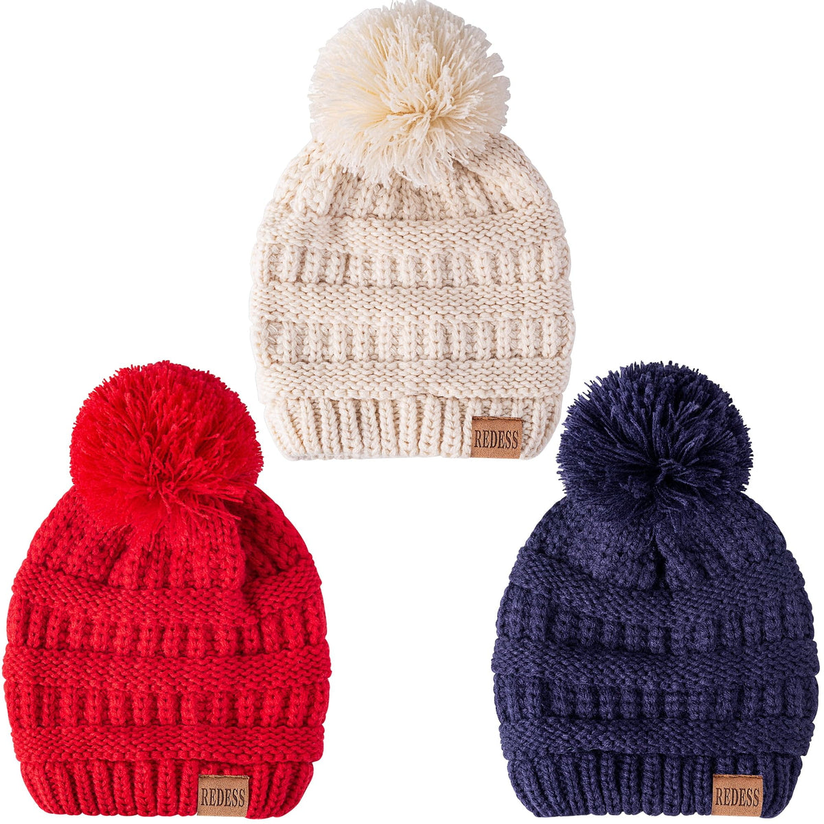 REDESS Baby Kids Winter Warm Beanie Hats, Infant Toddler Children Pom Pom Beanie Knit Cap Girls Boys-3 Pack