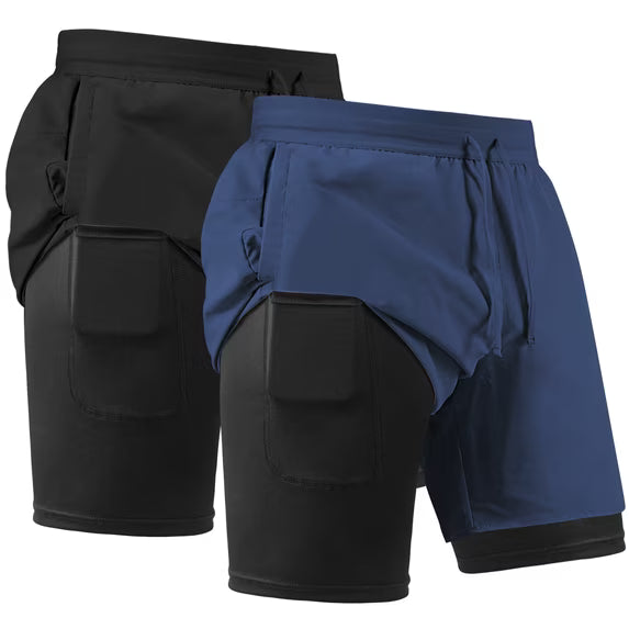 REDESS Men's Shorts with compression liner Athletic Running Workout Gym Activewear Basketball Shorts for Men,Navy Blue,2 Pcs