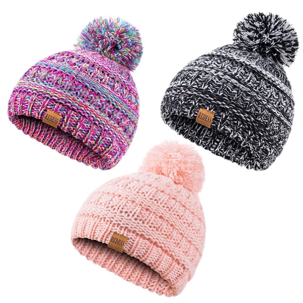 REDESS Baby Kids Winter Warm Beanie Hats, Infant Toddler Children Pom Pom Beanie Knit Cap Girls Boys-3 Pack