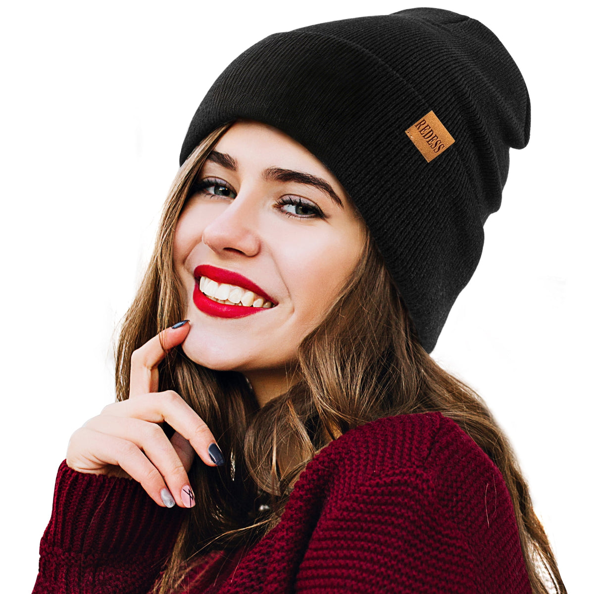 REDESS 2 Pack Warm Winter Knit Cuffed Beanie Hat for Men and Women,Black+Black