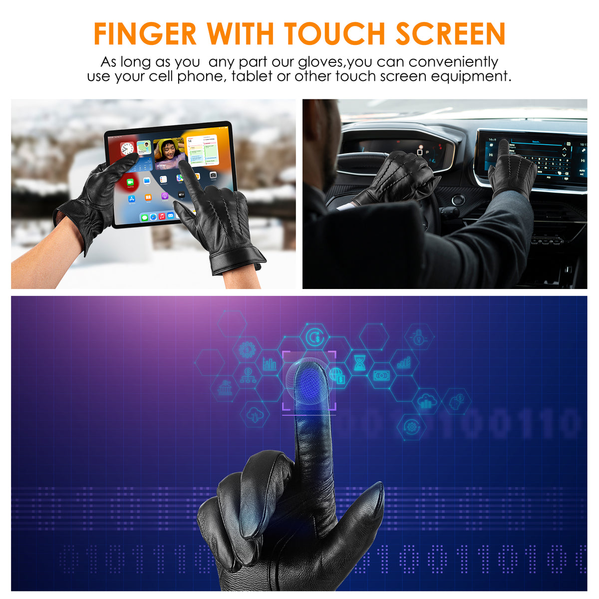 REDESS Genuine Leather Black Gloves for Men, Soft Winter Warm Touch Screen Gloves for Motorcycle Driving