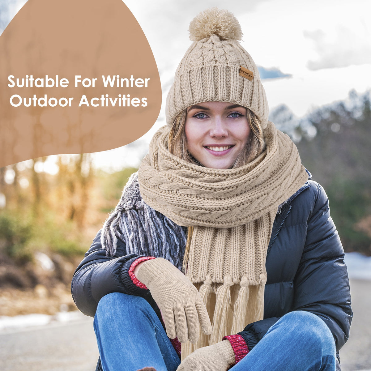 REDESS Womens Winter Hats Beanie Scarf &Gloves Sets for Women-Oat