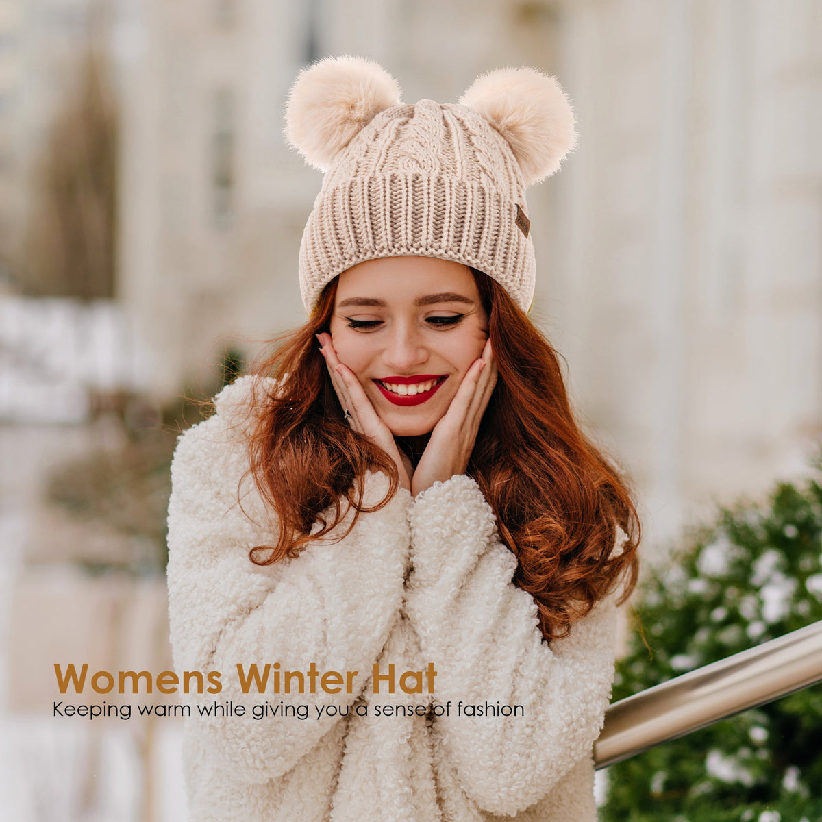 REDESS Women's Winter Beanie Hat with Two Pompoms and Warm Fleece Lining-Black