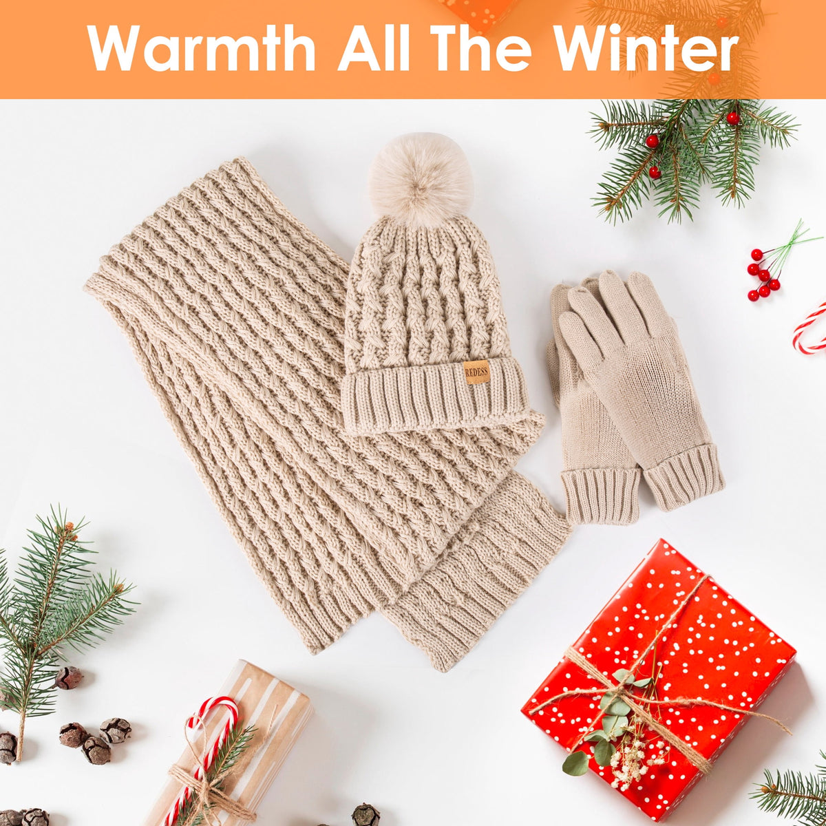 REDESS Winter Women¡¯s Beanie Hat Scarf Gloves Set, Fleece Lined Winter Hat with Pom Pom,Oat