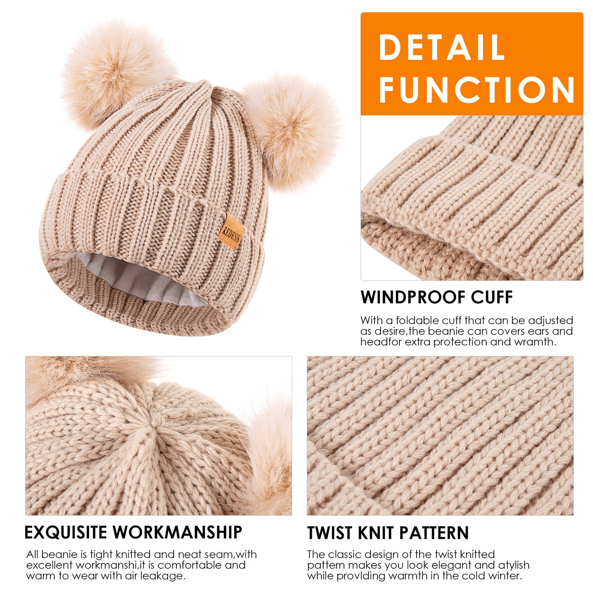 REDESS Winter Beanie Hat for Women with Warm Fleece Lined, Thick Slouchy Knit Skull Ski Cap-Black
