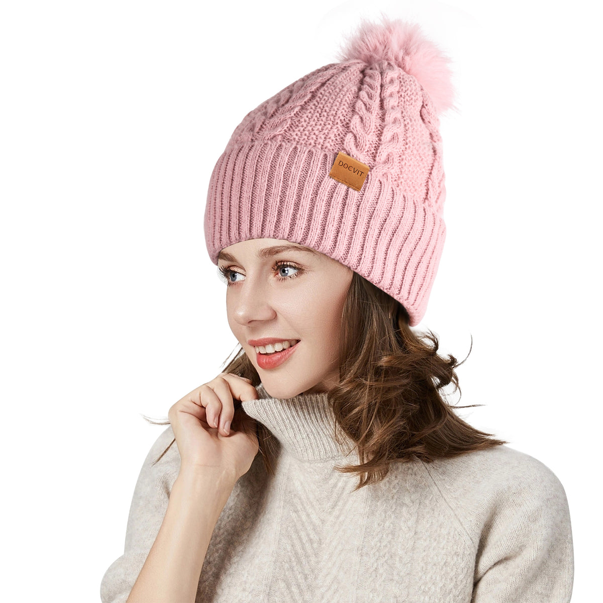 REDESS Women's Winter Beanie Hat Fleece Lined Cable Knitted Pom-Pom Hat,Black