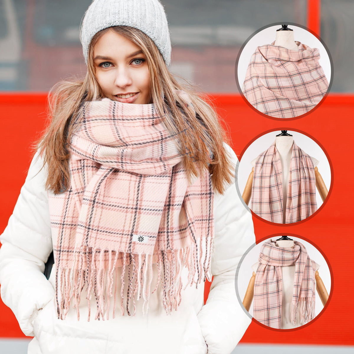REDESS Winter Scarves for Men and Women Soft Plaid Pattern Cozy Warm Tassel Shawl Wrap, Plaid Gray