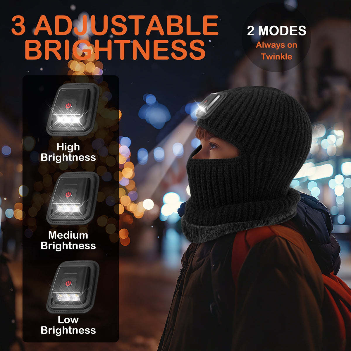 REDESS Balaclava with Light Face Mask for Kid,Unisex USB Rechargeable LED Headlamp Balaclava Black