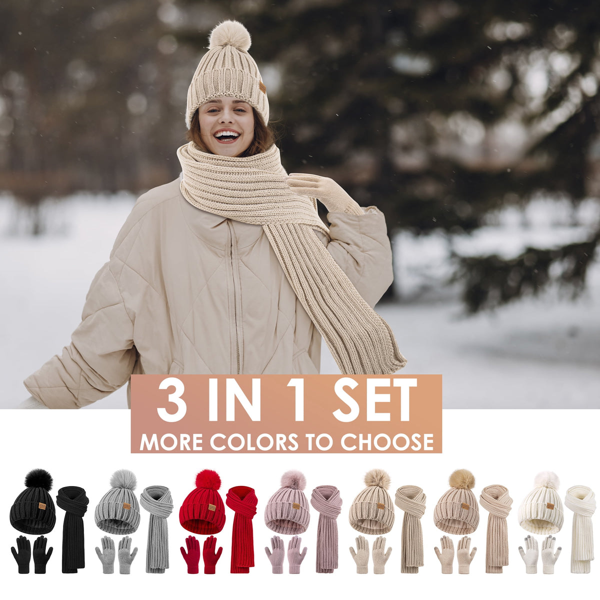 REDESS Womens Beanie Hat Scarf Gloves Set, Fleece Lined Winter Hat Long Knit Scarf Touchscreen Gloves for Cold Weather