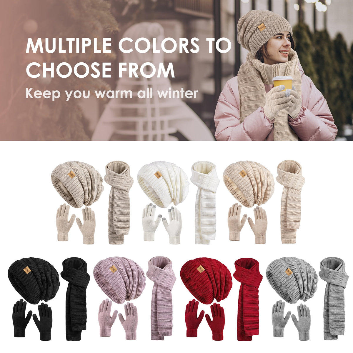 REDESS Womens Slouchy Beanie Hats Warm Winter Gloves Knit Thick Scarf,Black