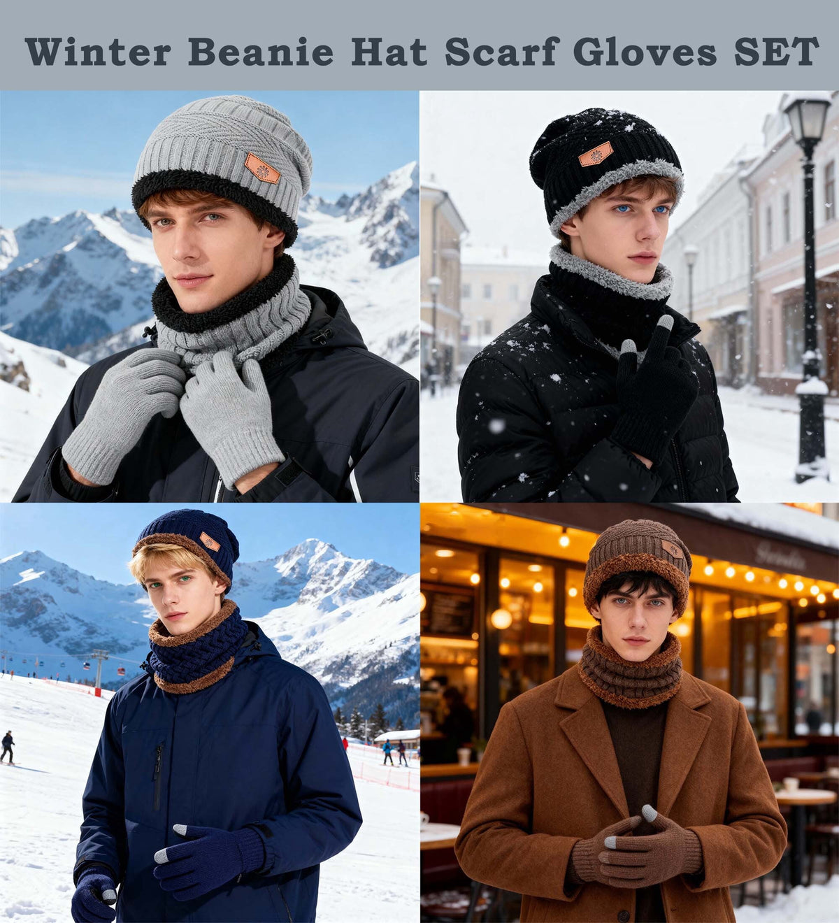 REDESS Men's Winter Beanie Hat Scarf and Touch Screen Gloves Set for Women,Black