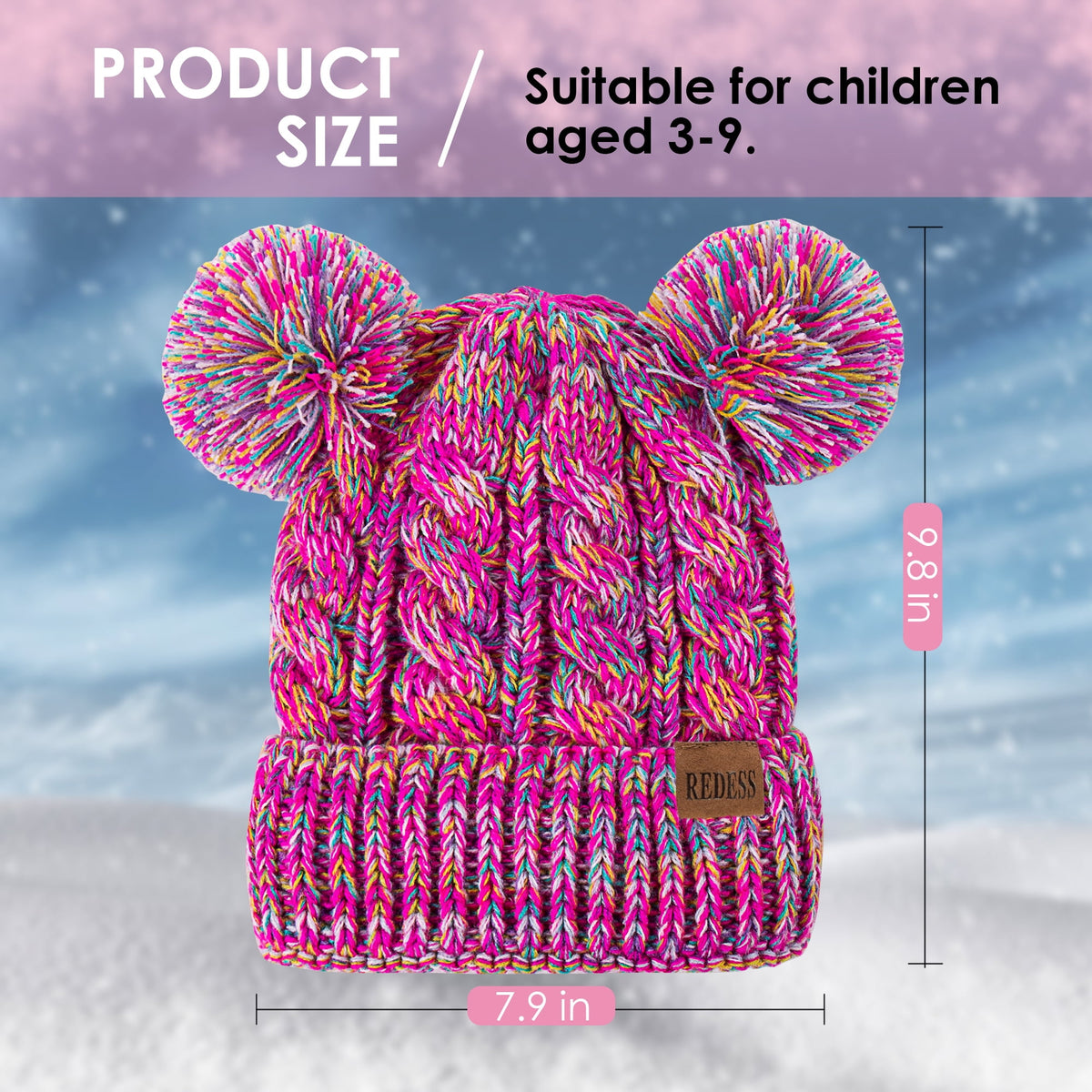 REDESS Kids Winte Beanie Hat with Two Pom-Pom for Girls 3-9 Year Old,Black