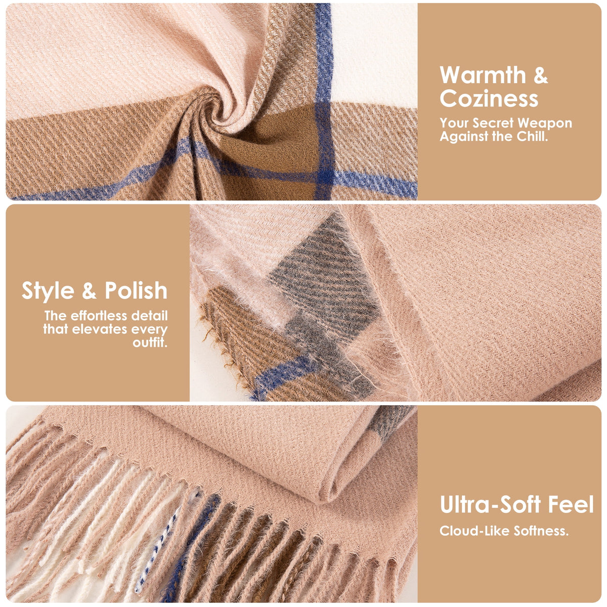 REDESS Scarf for Women and Men,Unisex Adult Winter Soft Plaid Pattern Cozy Warm Tassel Shawl Wrap,Plaid Beige