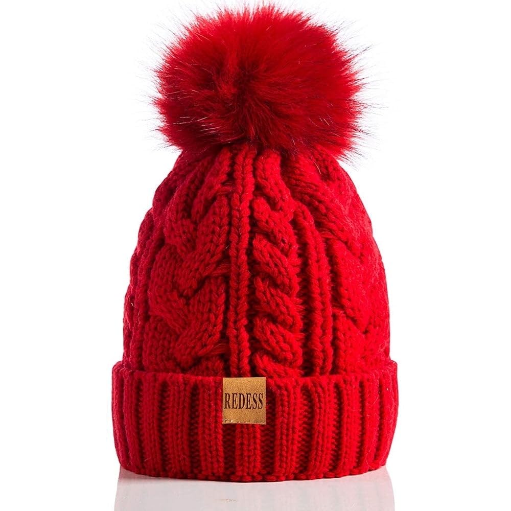 REDESS Women Winter Pompom Beanie Hat with Warm Fleece Lined, Thick Slouchy Knit Skull Ski Cap