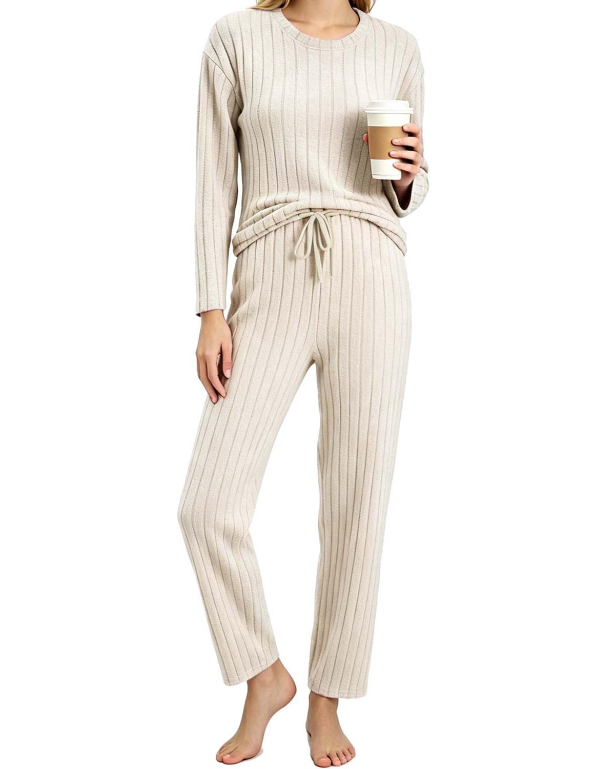 REDESS Womens Pajama Sets, Ribbed Knit 2 Piece Matching Loungewear, Long Sleeve Crew Neck Top & Drawstring Waist Pants, Casual Lounge Sets for Women Sleepwear, S‑XXL