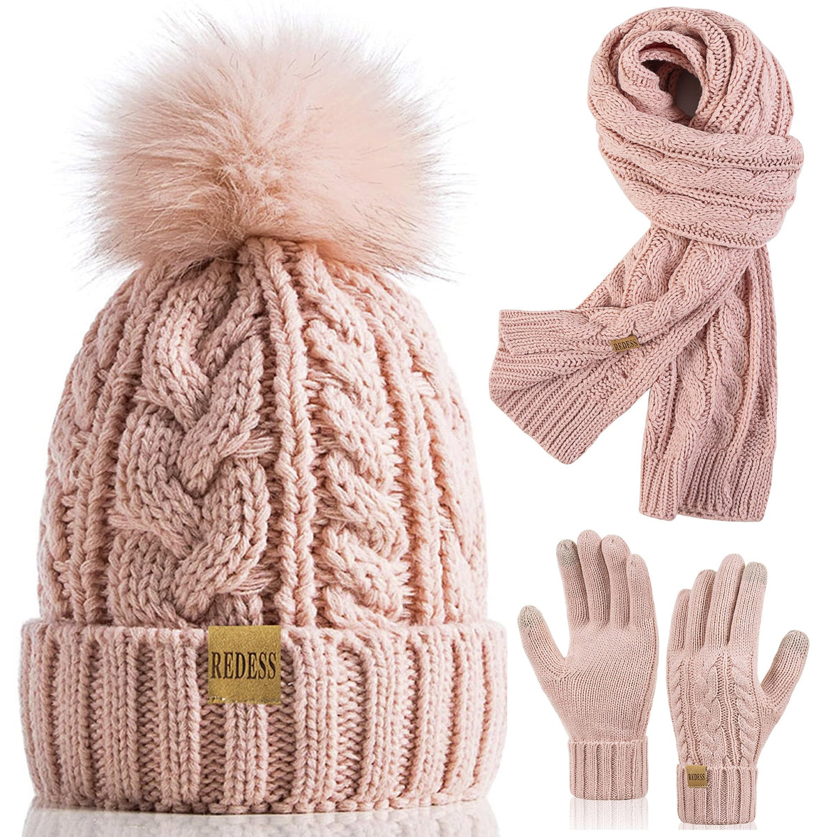 REDESS Winter Beanie Hat Scarf Gloves Set for Women, Fleece Lined Winter Hat with Pom Pom, Long Knit Scarf Touchscreen Gloves for Cold Weather