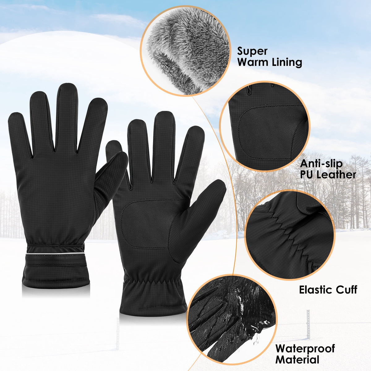 REDESS Unisex Winter Waterproof Black Gloves for Men and Women for Ski Driving Running Cycling Cold Weather