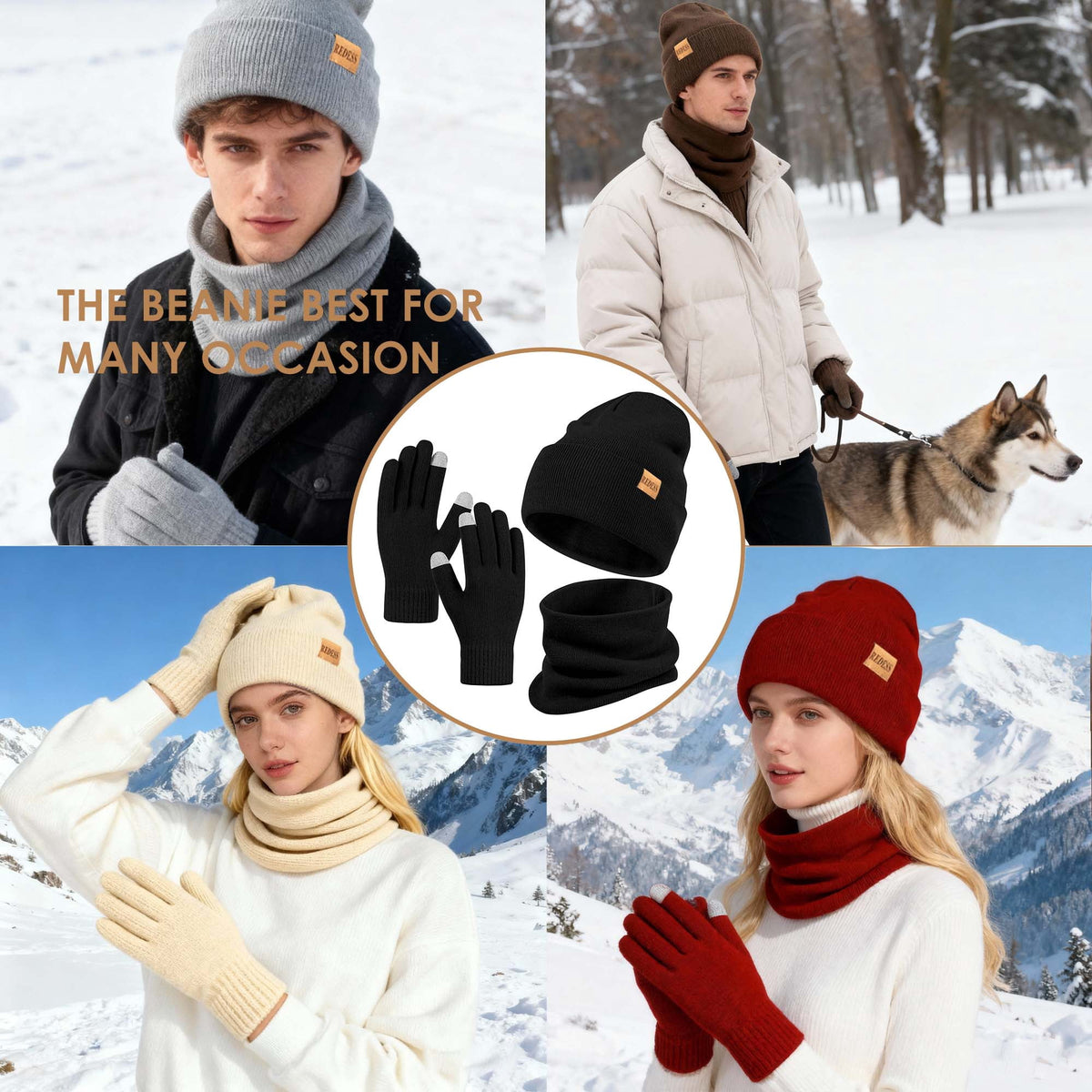 REDESS Winter Hat, Scarf & Glove Set for Men and Women,Black