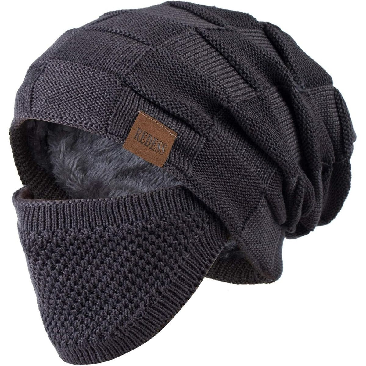 REDESS Beanie Hat for Men and Women Winter Warm Hats Knit Slouchy Thick Skull Cap with Face Cover-Black