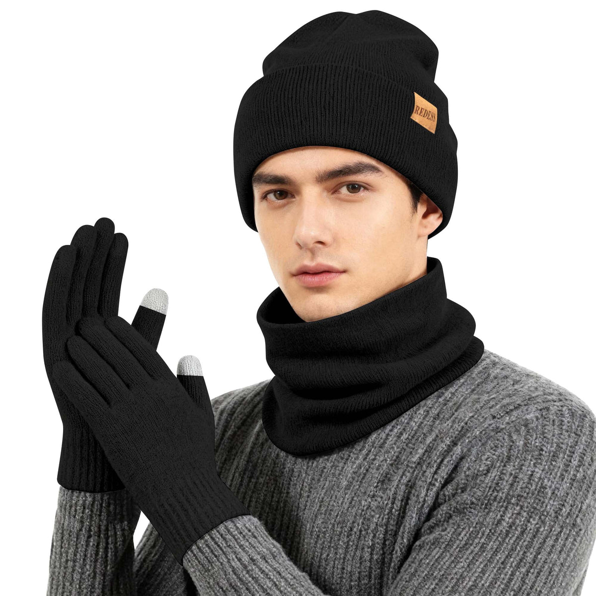 REDESS Winter Hat, Scarf & Glove Set for Men and Women,Black