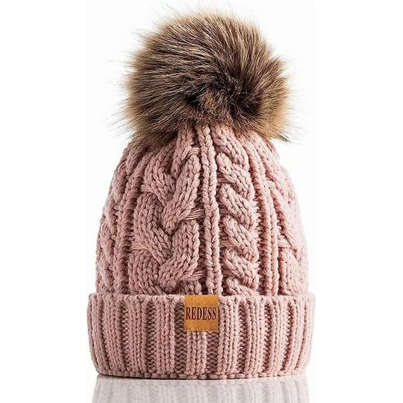 REDESS Women Winter Pompom Beanie Hat with Warm Fleece Lined, Thick Slouchy Knit Skull Ski Cap
