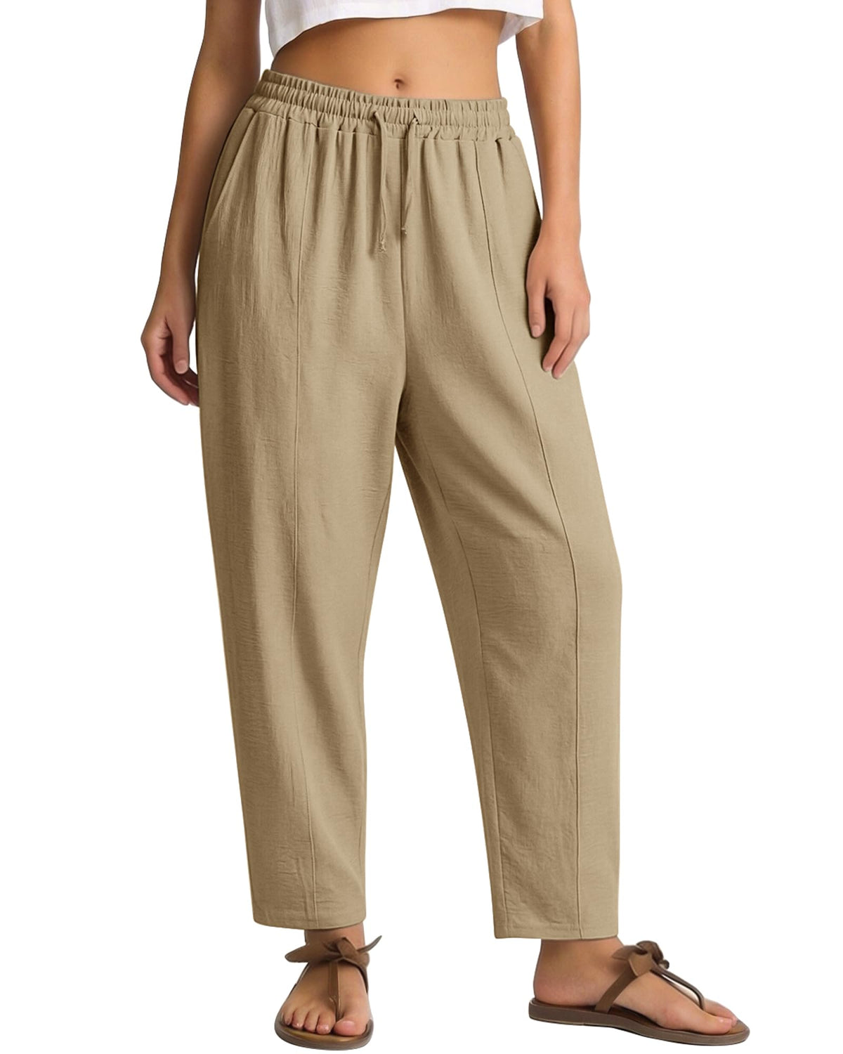 REDESS Pants for Women Wide Leg Khaki Linen Pants Summer Casual Flowy Pants with Pocket,XS-XL