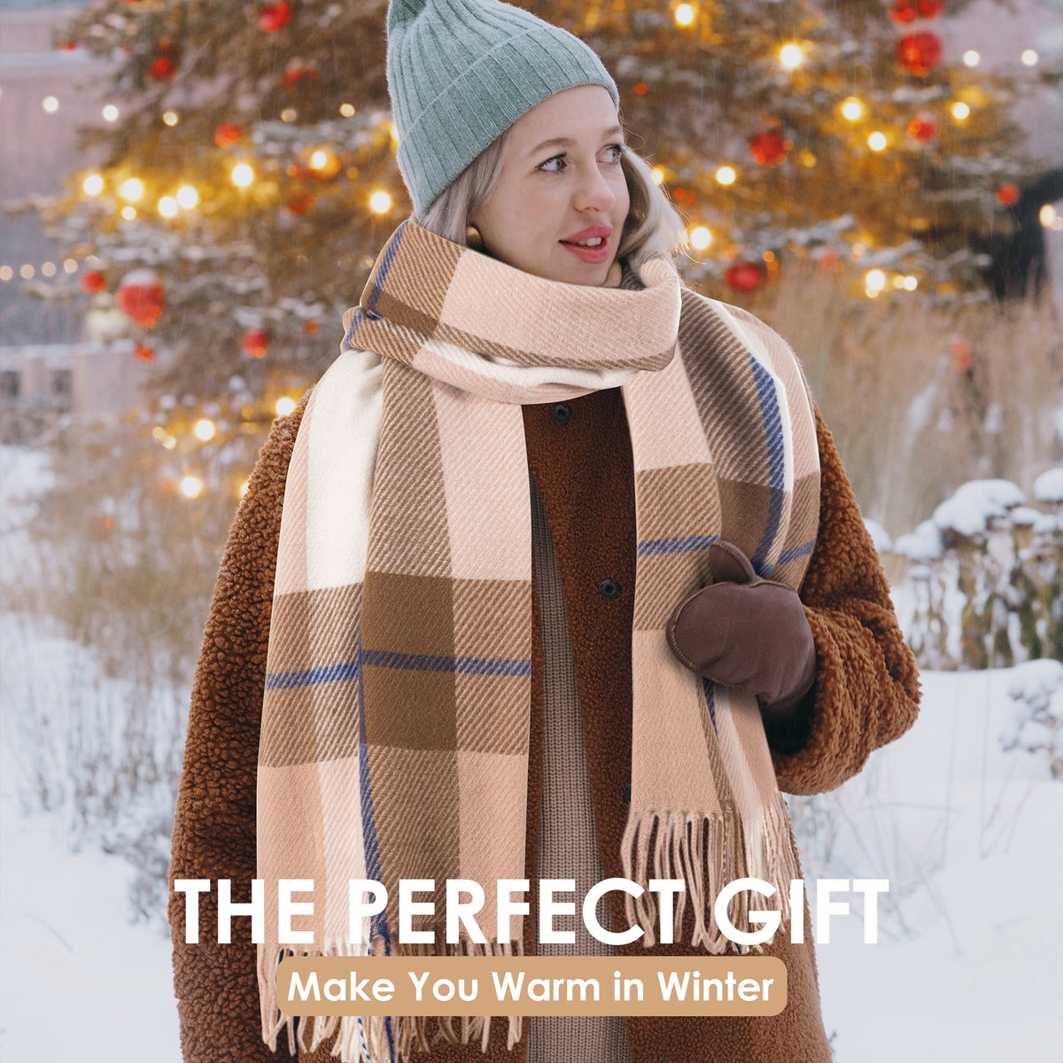REDESS Scarf for Women and Men,Unisex Adult Winter Soft Plaid Pattern Cozy Warm Tassel Shawl Wrap,Plaid Beige