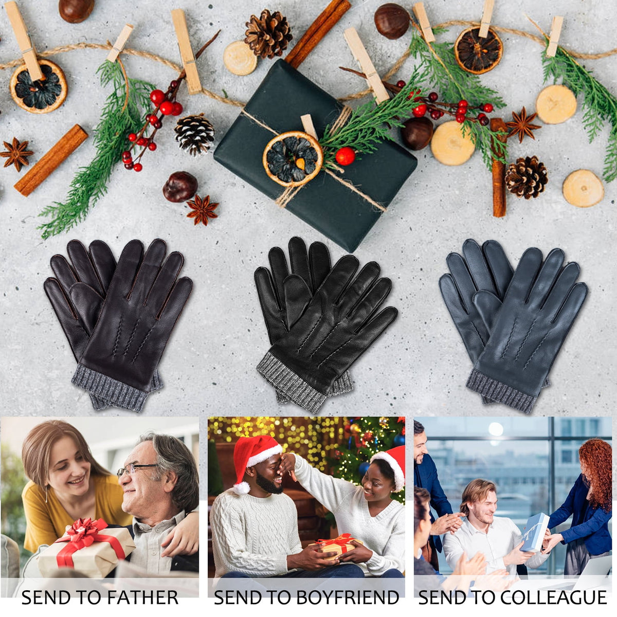REDESS Winter Warm Genuine Leather Gloves for Men-Black