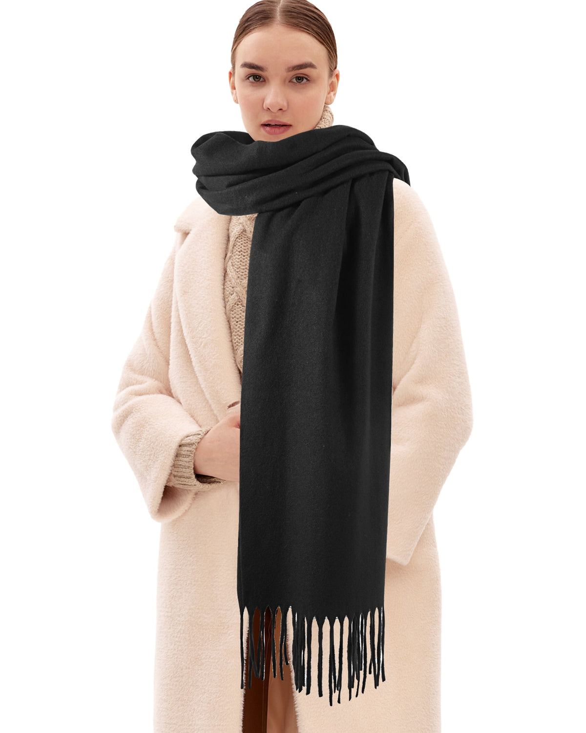 REDESS Pashmina Shawl for Women, Winter Warm Soft Solid Tassel Scarf  for Women and Men, Black