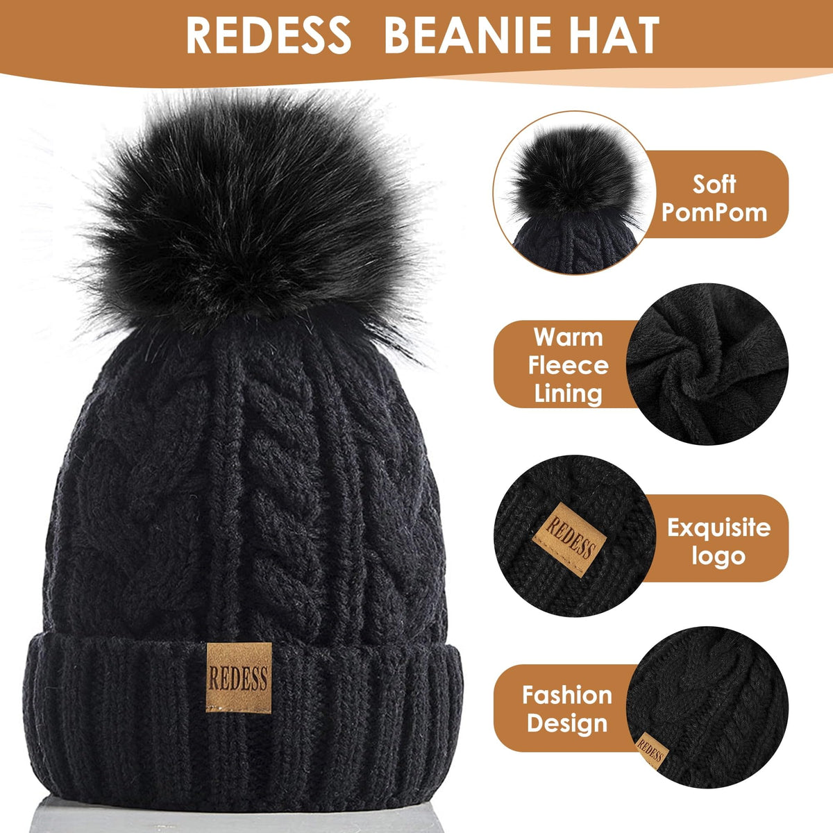 REDESS Winter Beanie Hat Scarf Gloves Set for Women, Fleece Lined Winter Hat with Pom Pom, Long Knit Scarf Touchscreen Gloves for Cold Weather