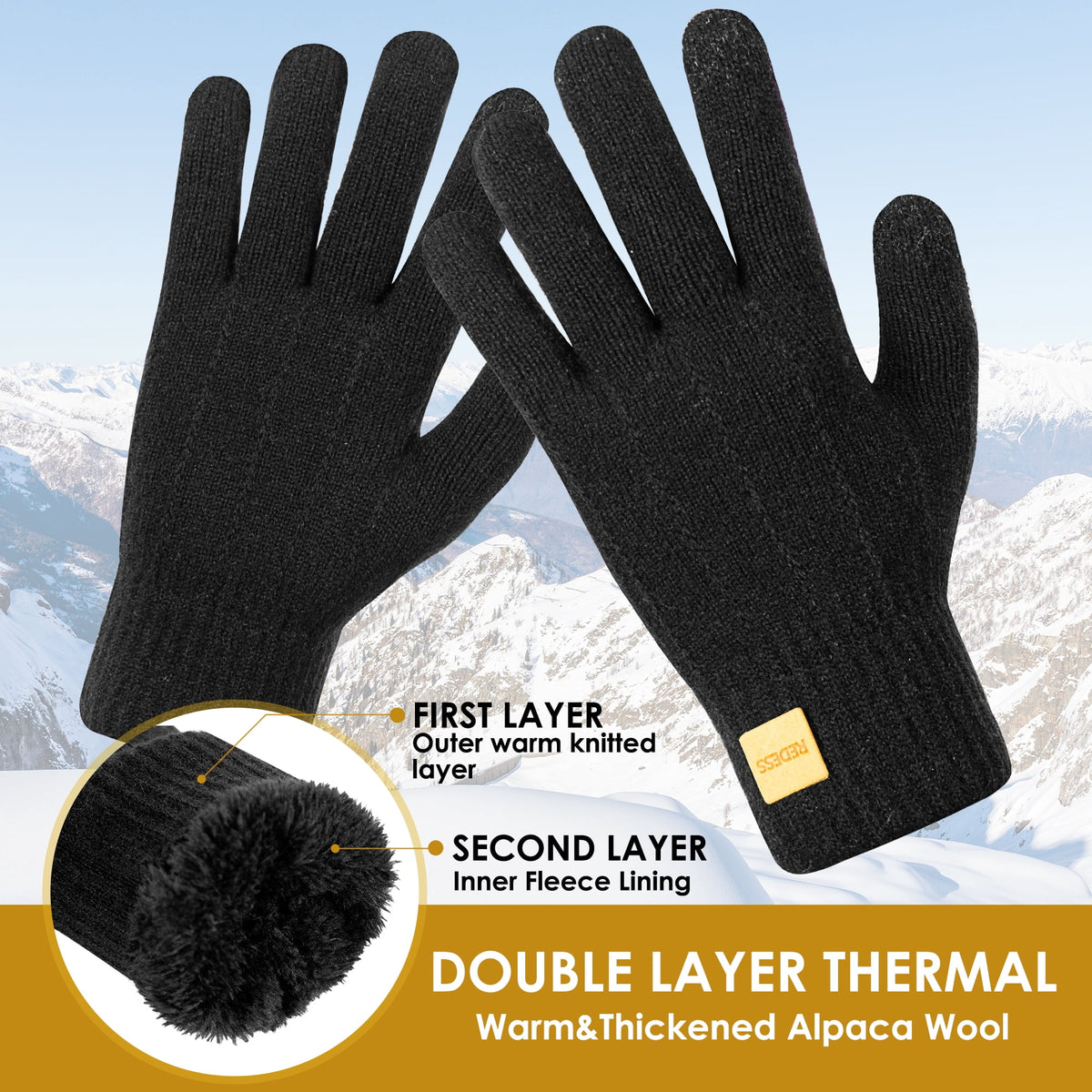 REDESS Mens Womens Winter Gloves Touchscreen Winter Warm Knit Gloves,Black