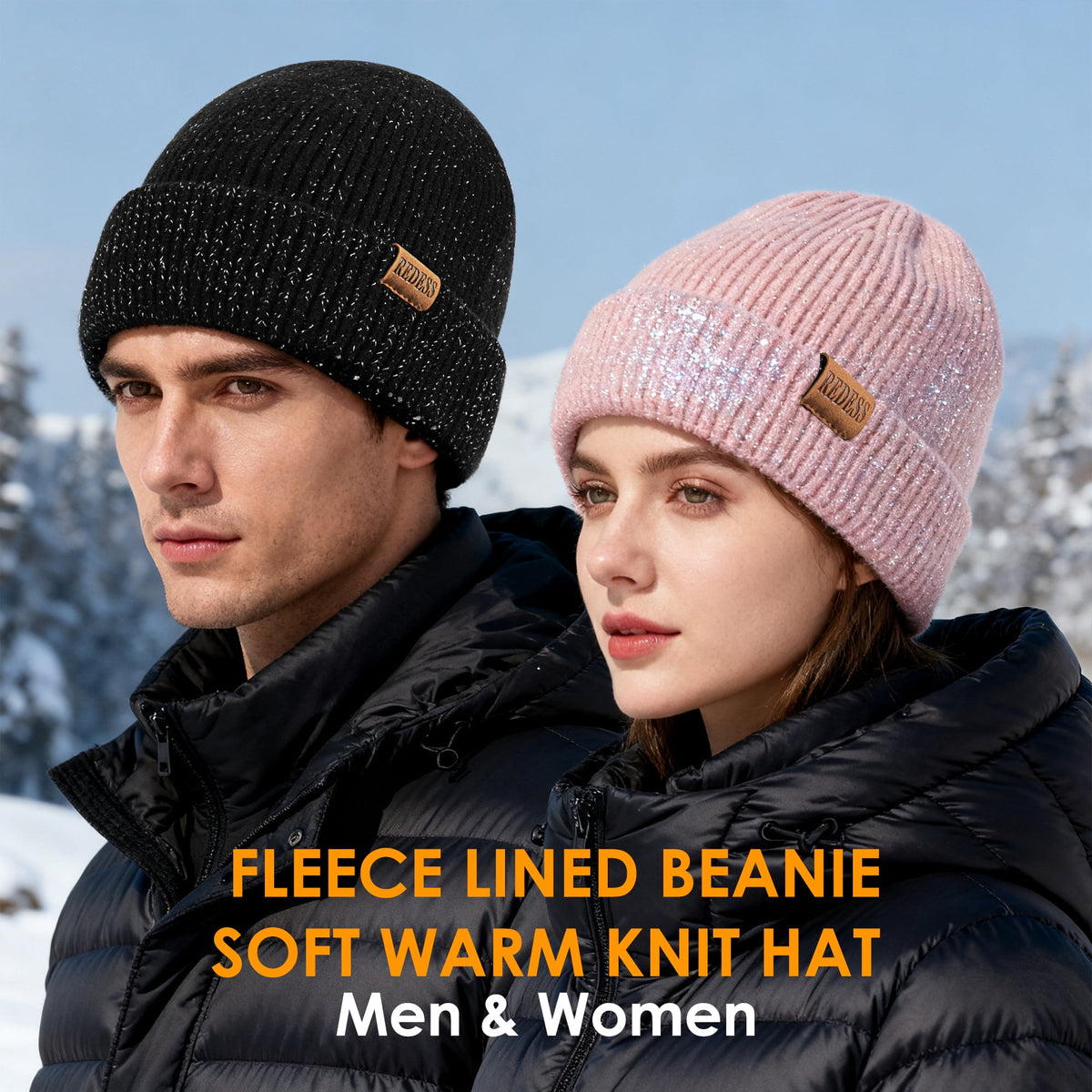 REDESS Beanie Hats for Women and Men Knit Soft Winter Warm Cuffed Hat, Black 2 pack