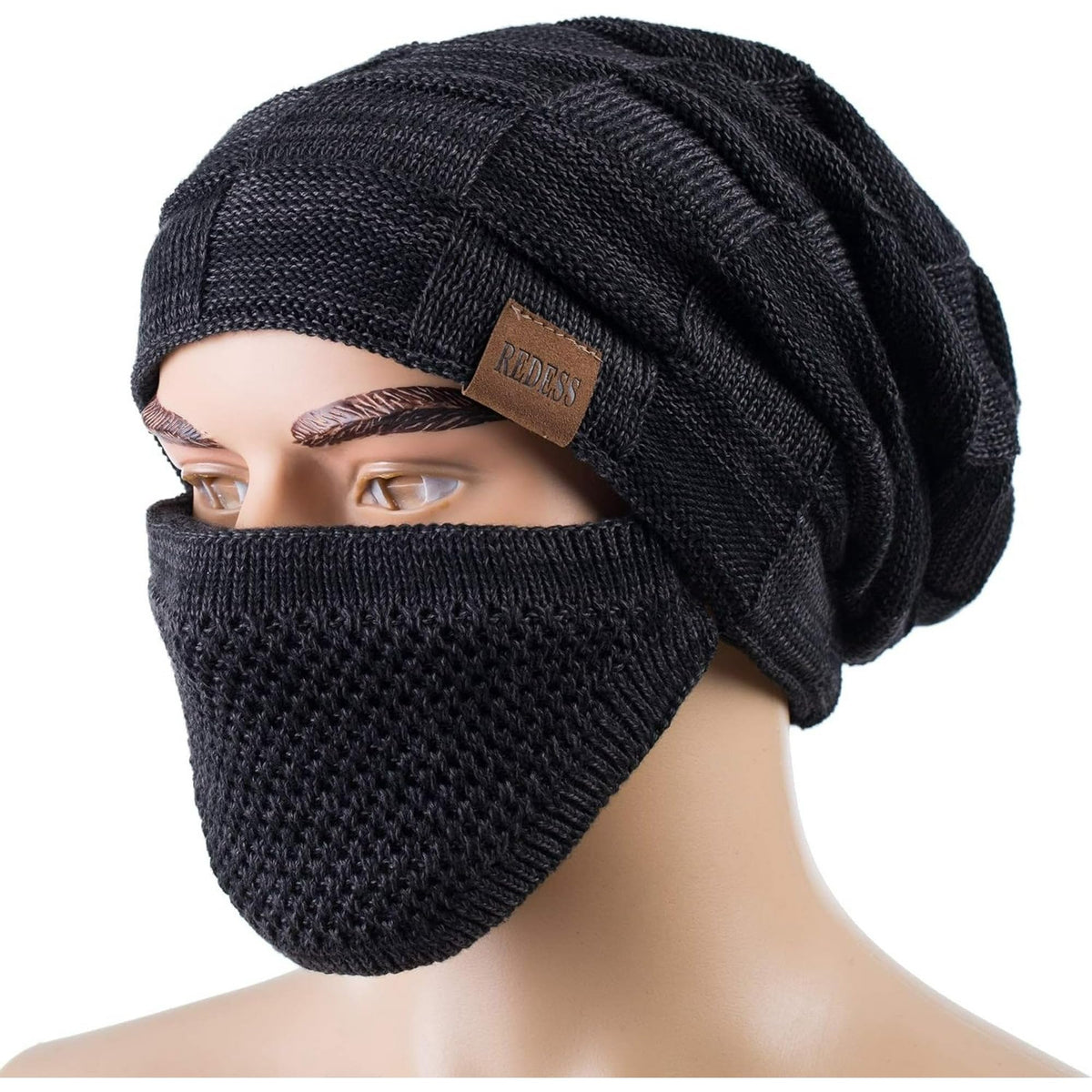 REDESS Beanie Hat for Men and Women Winter Warm Hats Knit Slouchy Thick Skull Cap with Face Cover-Black