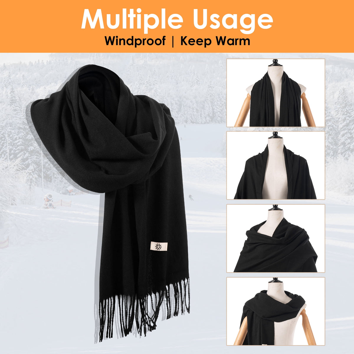 REDESS Women's Scarf,Winter Warm Soft Solid Color Pattern Tassel Shawl Wrap,Black