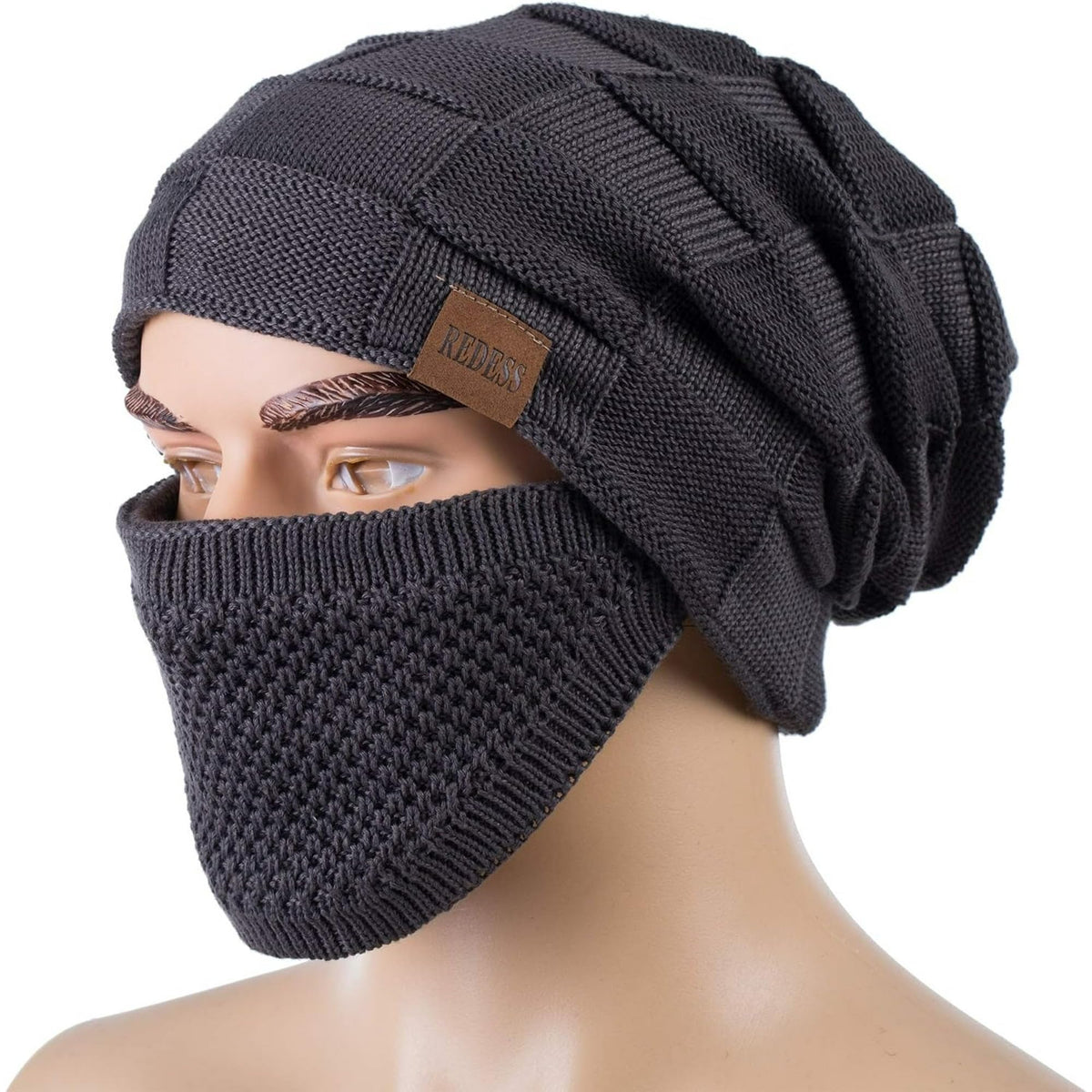 REDESS Beanie Hat for Men and Women Winter Warm Hats Knit Slouchy Thick Skull Cap with Face Cover-Black