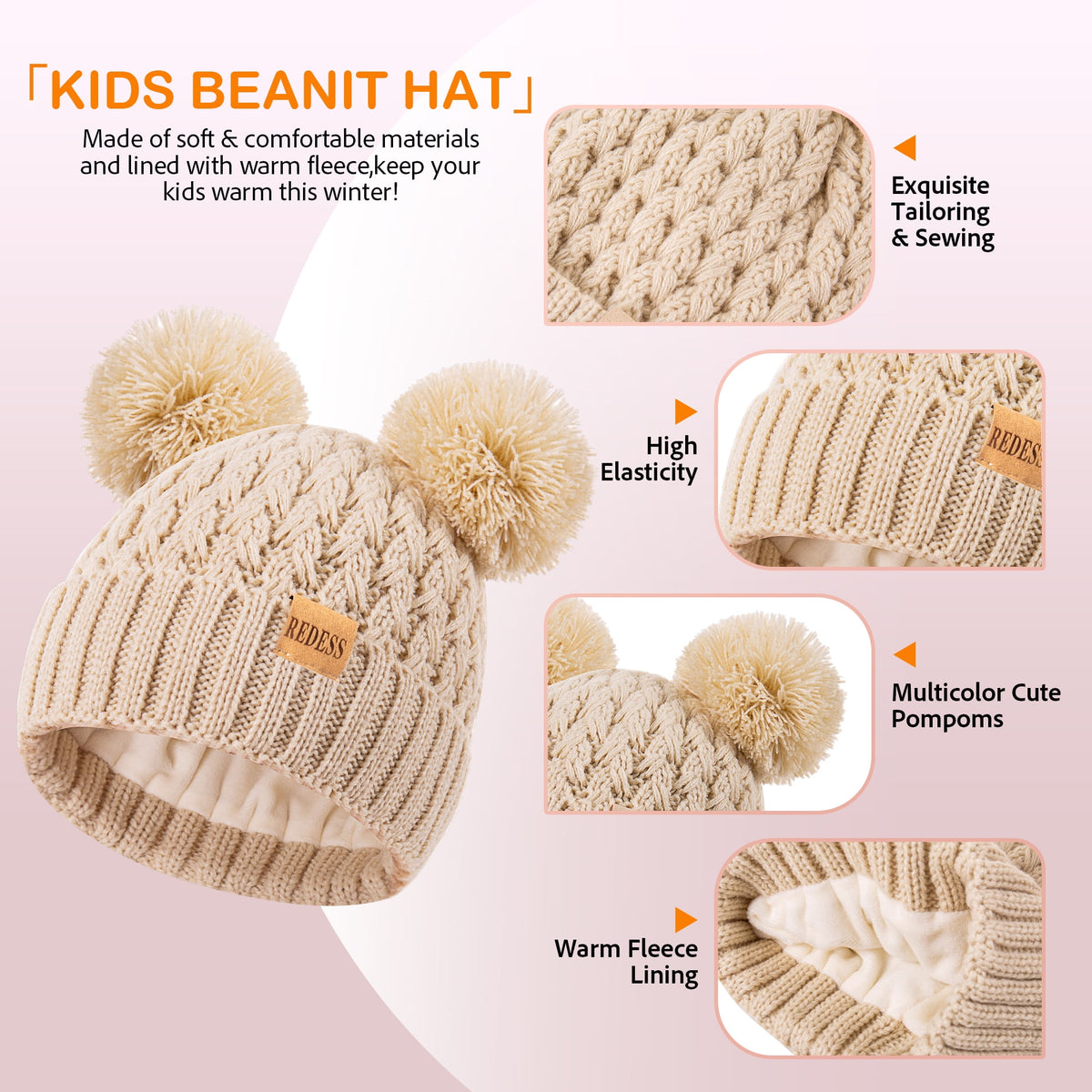 REDESS 3 Pcs Unisex Kids Winter Beanie Hat and Scarf & Glove Set for Boy and Girl 3-9 Years Old