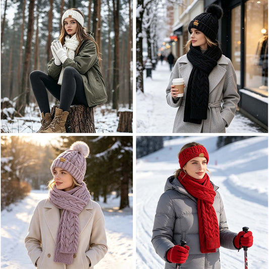 REDESS Winter Beanie Hat Scarf Gloves Headband Set Pompom Fleece Lined Warm Cap Touchscreen Gloves