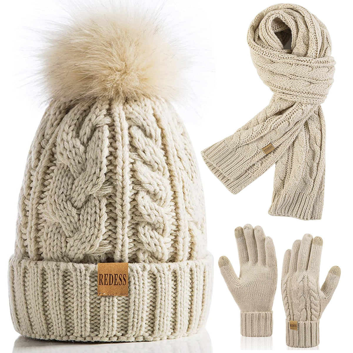 REDESS Winter Beanie Hat Scarf Gloves Set for Women, Fleece Lined Winter Hat with Pom Pom, Long Knit Scarf Touchscreen Gloves for Cold Weather