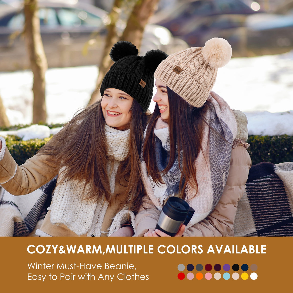 REDESS Women's Winter Beanie Hat with Two Pompoms and Warm Fleece Lining-Black