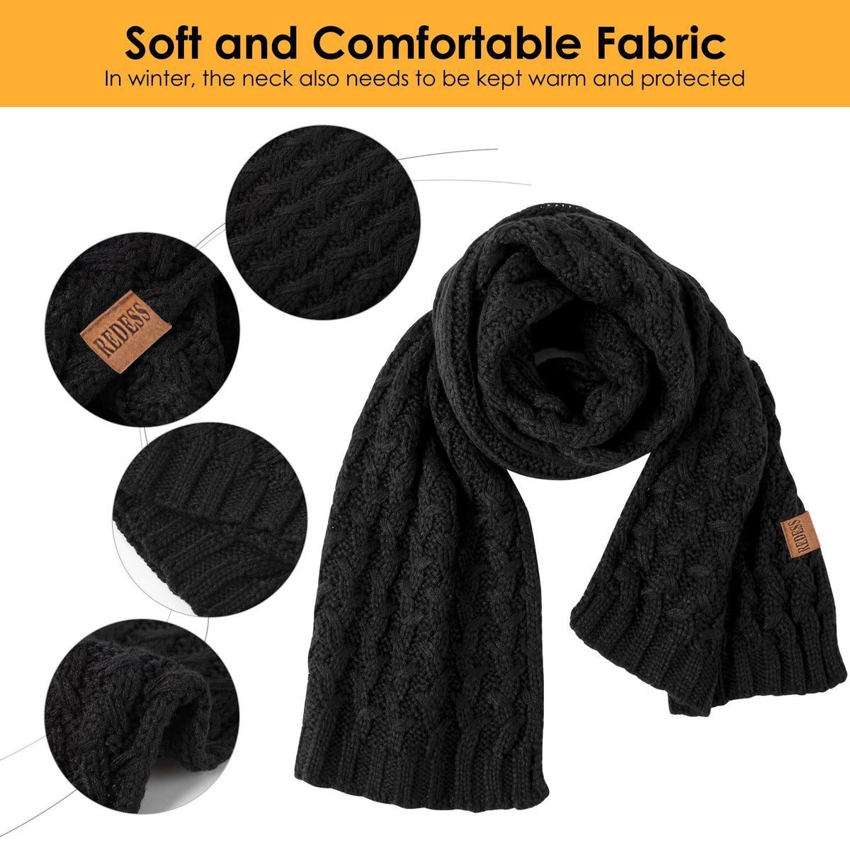 REDESS Women's Winter Scarf, Adult Warm Long Chunky Knit Scarves for Women, Black