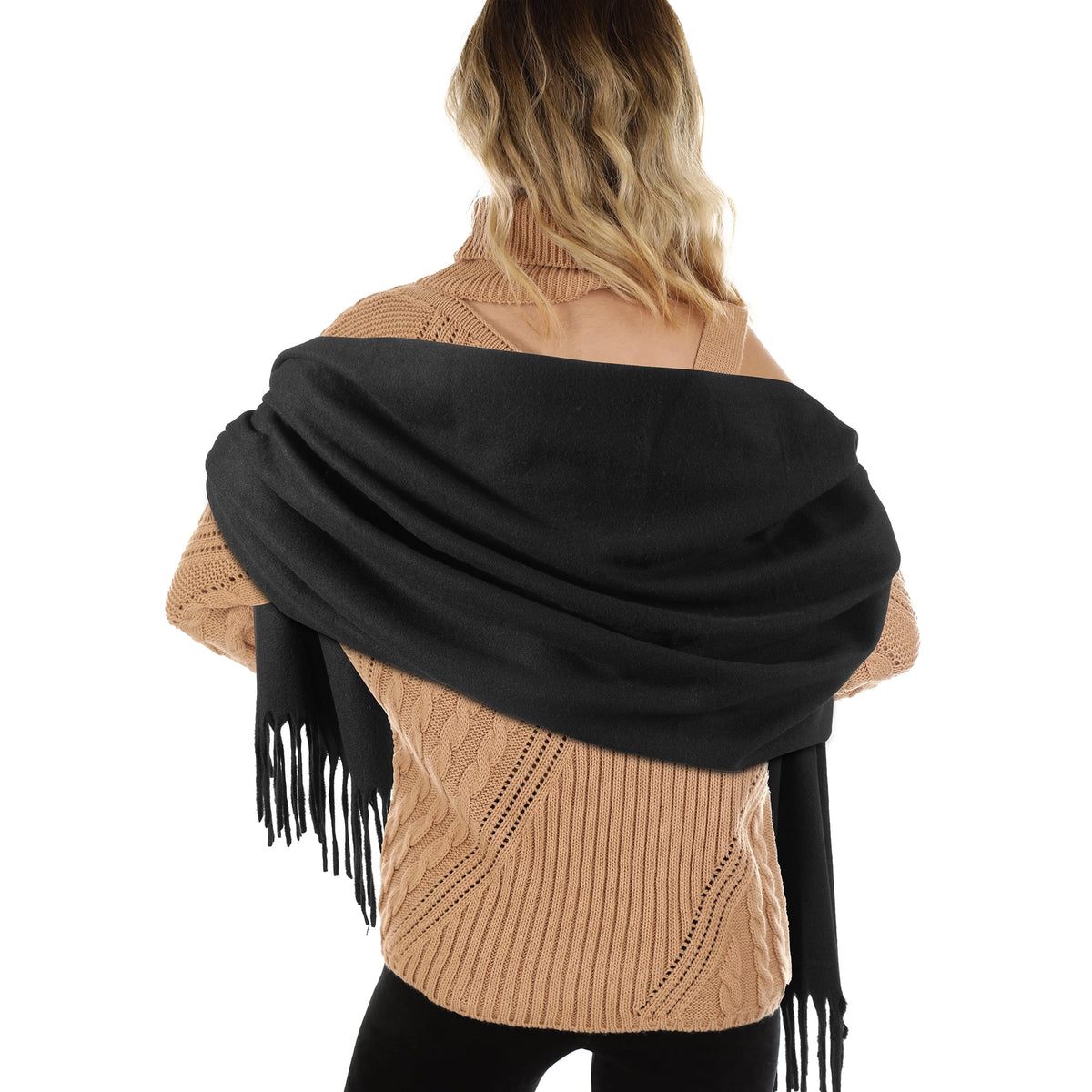 REDESS Pashmina Shawl for Women, Winter Warm Soft Solid Tassel Scarf  for Women and Men, Black