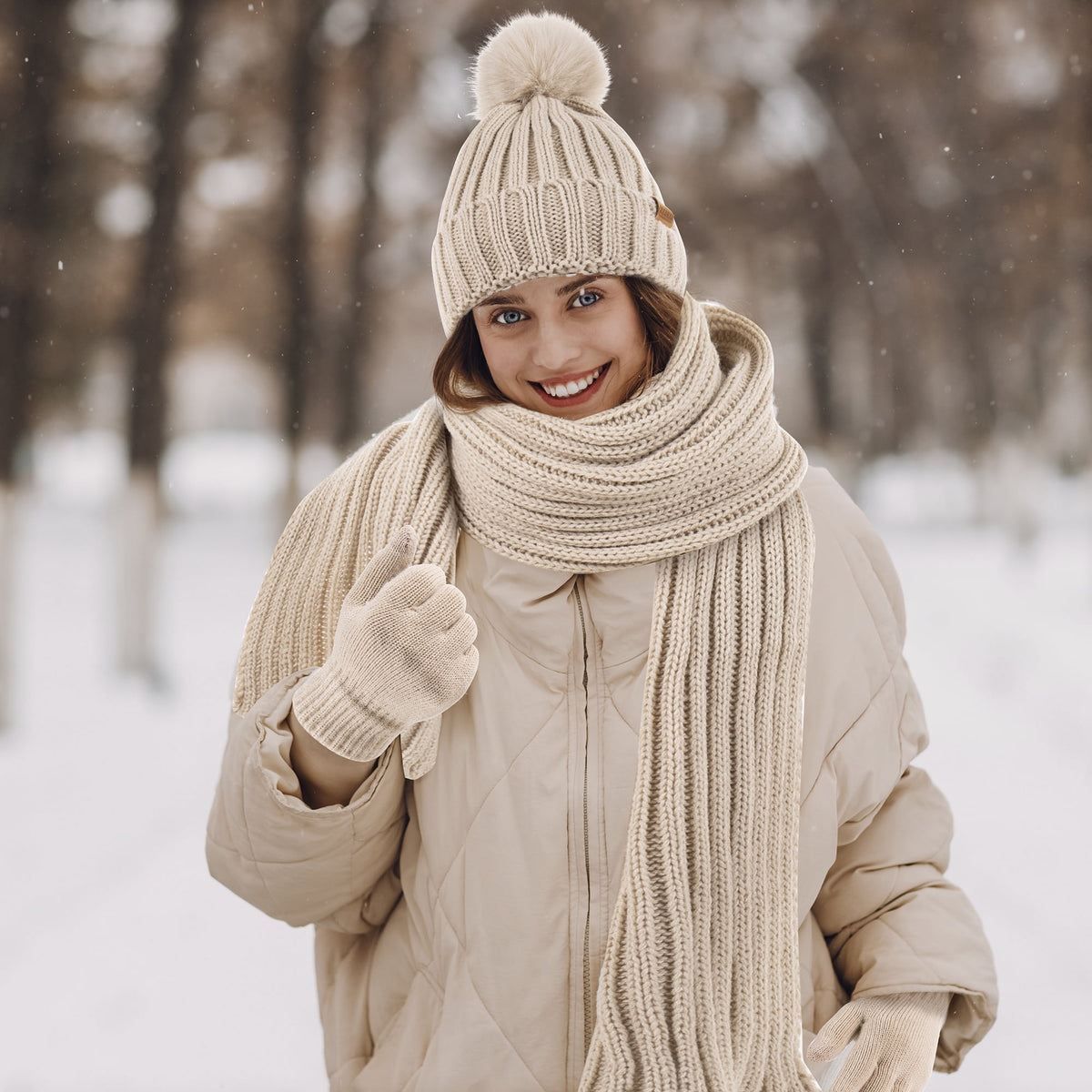 REDESS Womens Beanie Hat Scarf Gloves Set, Fleece Lined Winter Hat Long Knit Scarf Touchscreen Gloves for Cold Weather
