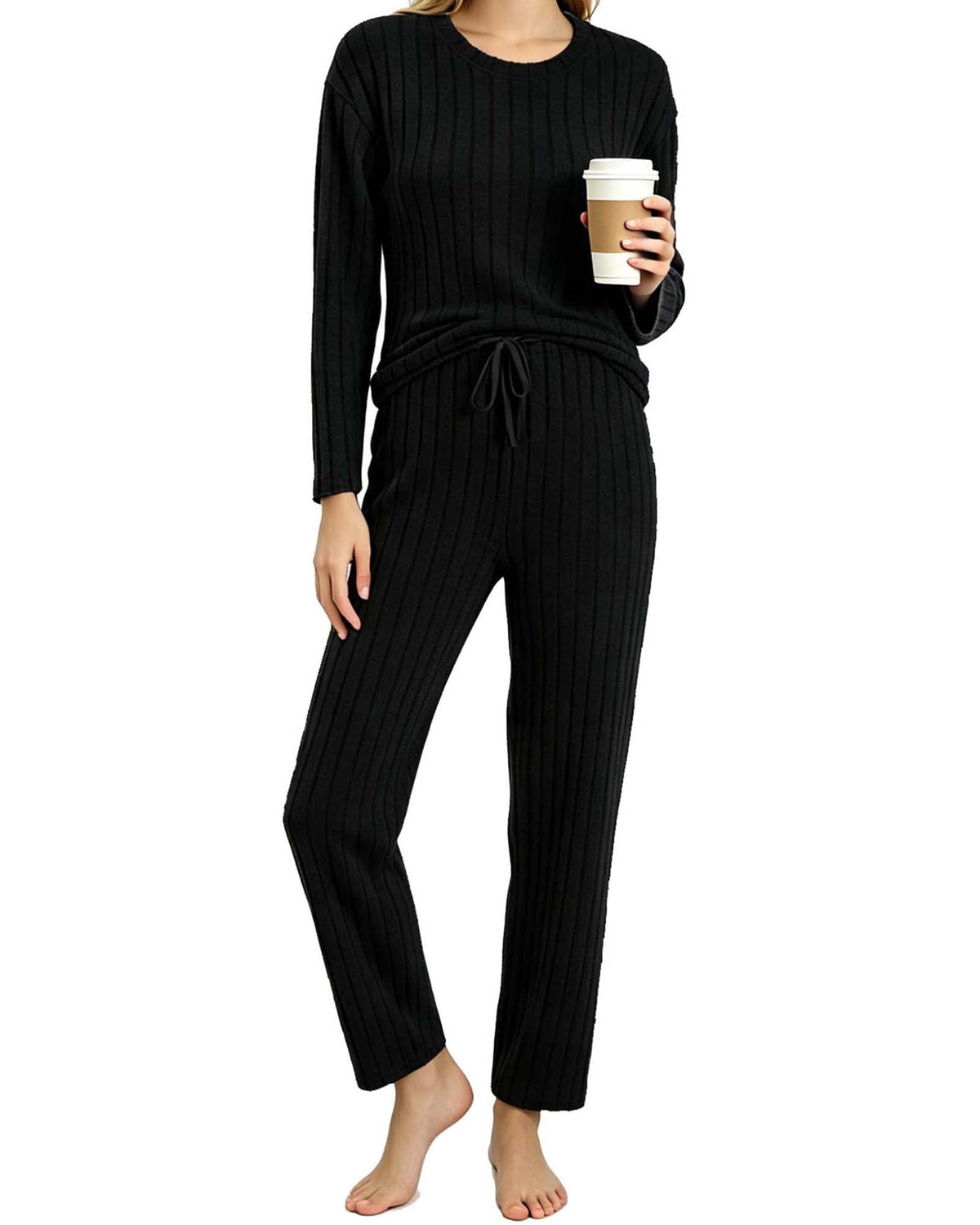 REDESS Womens Pajama Sets, Ribbed Knit 2 Piece Matching Loungewear, Long Sleeve Crew Neck Top & Drawstring Waist Pants, Casual Lounge Sets for Women Sleepwear, S‑XXL