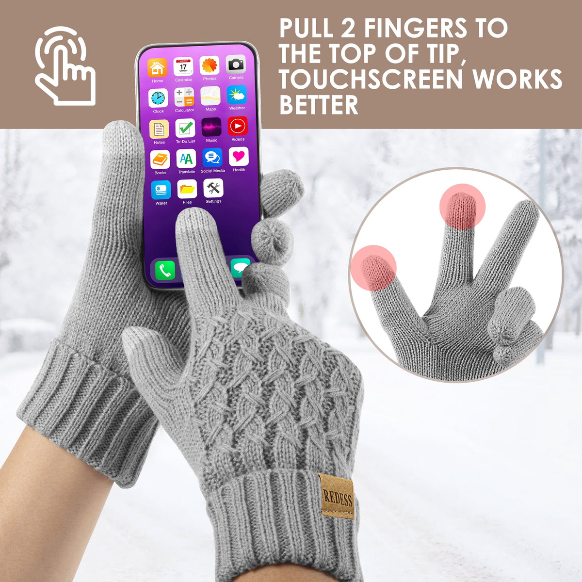 REDESS Winter Gloves for Women Touchscreen Texting Warm Knit Fleece Lined Gloves for Cold Weather Black