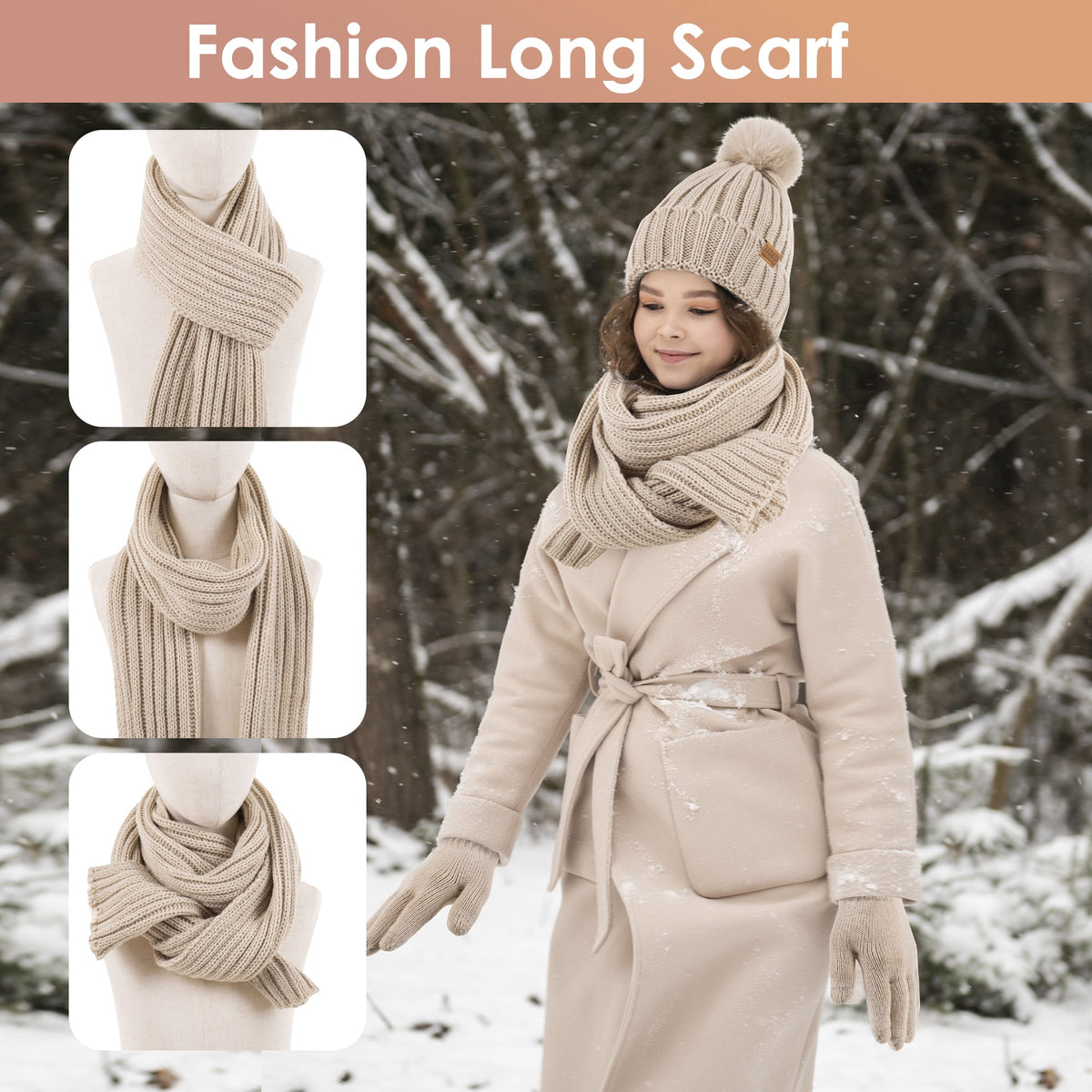 REDESS Womens Beanie Hat Scarf Gloves Set, Fleece Lined Winter Hat Long Knit Scarf Touchscreen Gloves for Cold Weather