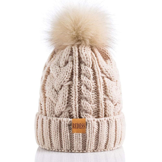 REDESS Women Winter Pompom Beanie Hat with Warm Fleece Lined, Thick Slouchy Knit Skull Ski Cap